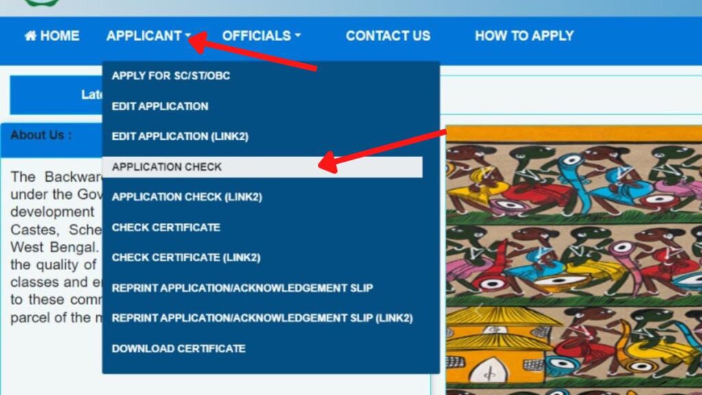 Caste certificate application check option WB