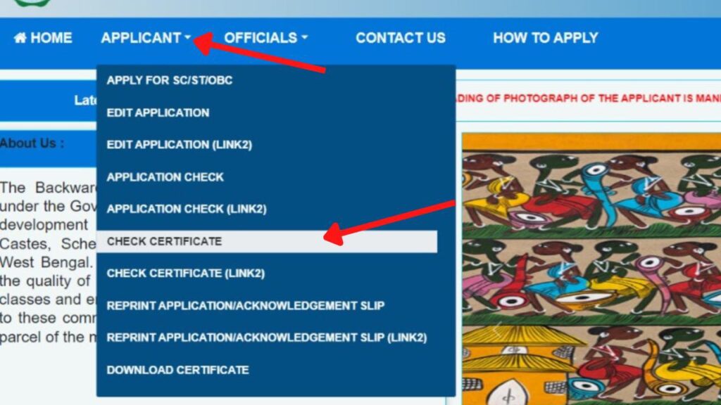 check caste certificate option WB