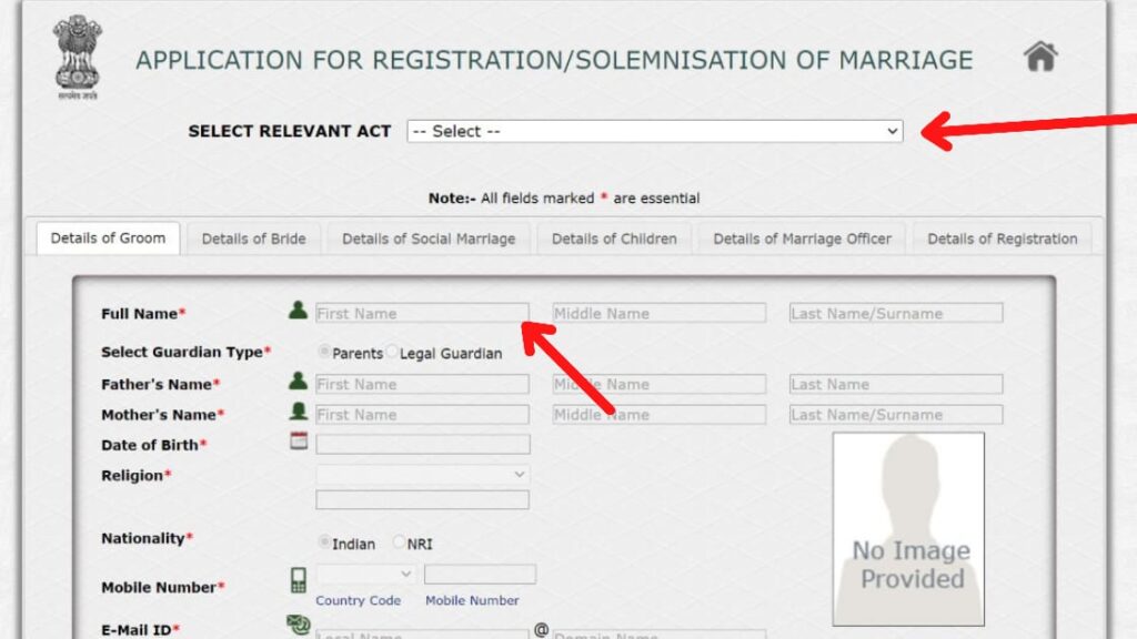 Marriage registration application form