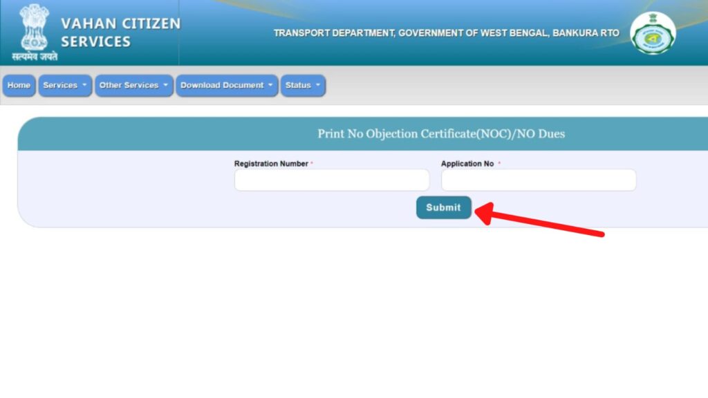 Vehicle No Objection Certificate download page