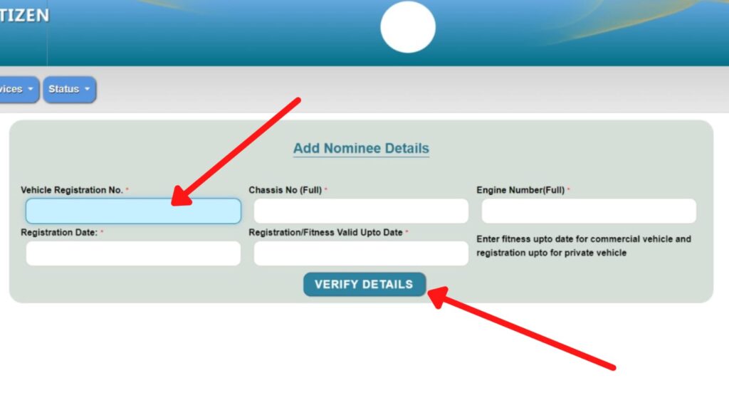 Add Vehicle Nominee Details page