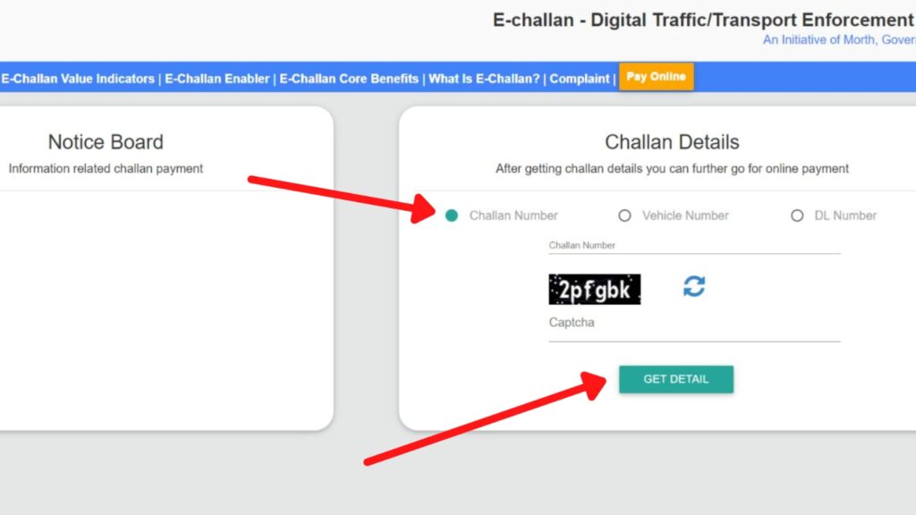 E Challan page on Parivahan