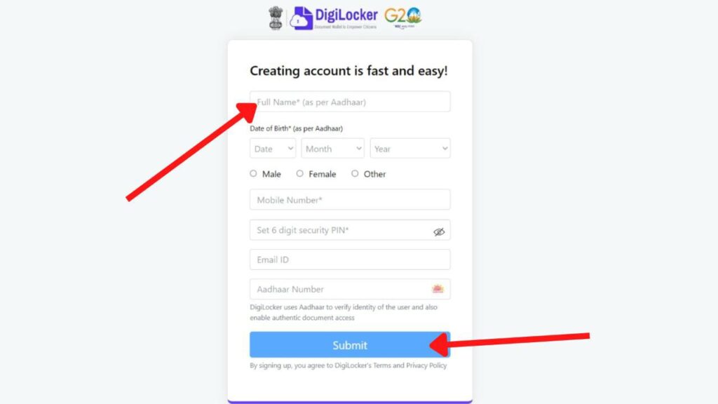 Digilocker signup page