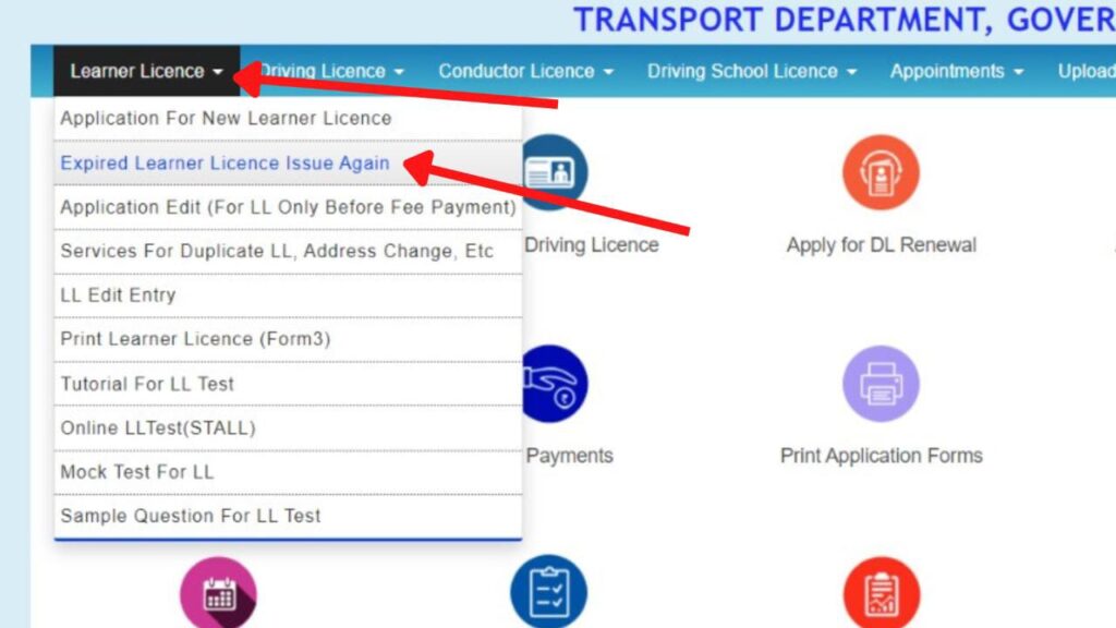 ‘Expired Learner License Issue Again option