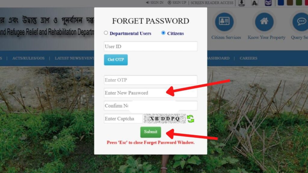 Banglarbhumi create new password option