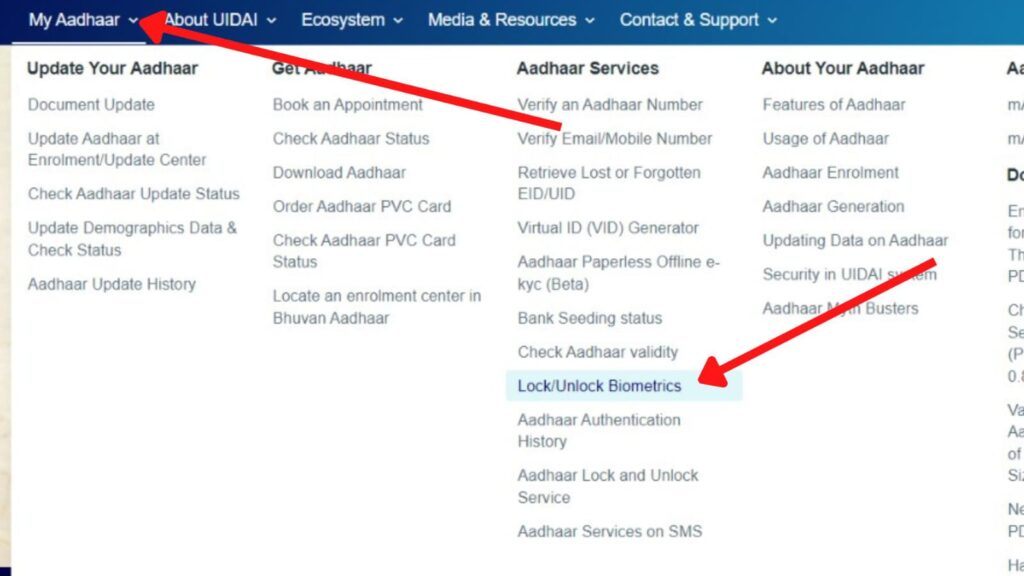 Lock Unlock Aadhaar biometrics option on UIDAI