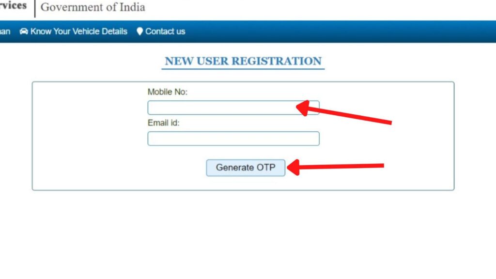New user registration page on Vahan portal
