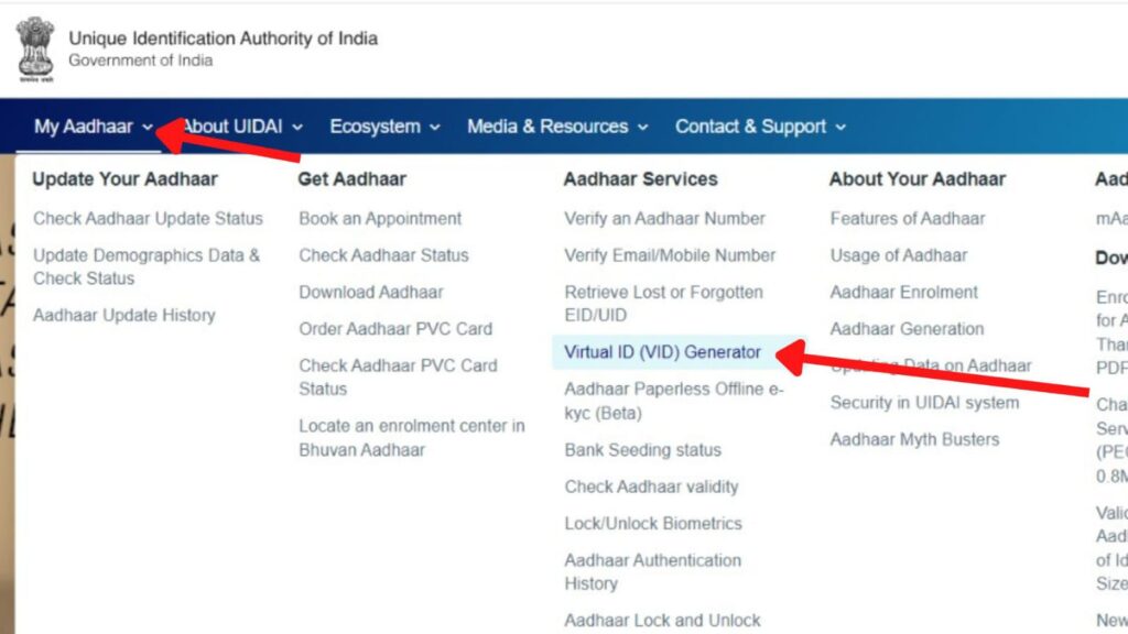Virtual ID Generator option on Aadhaar portal