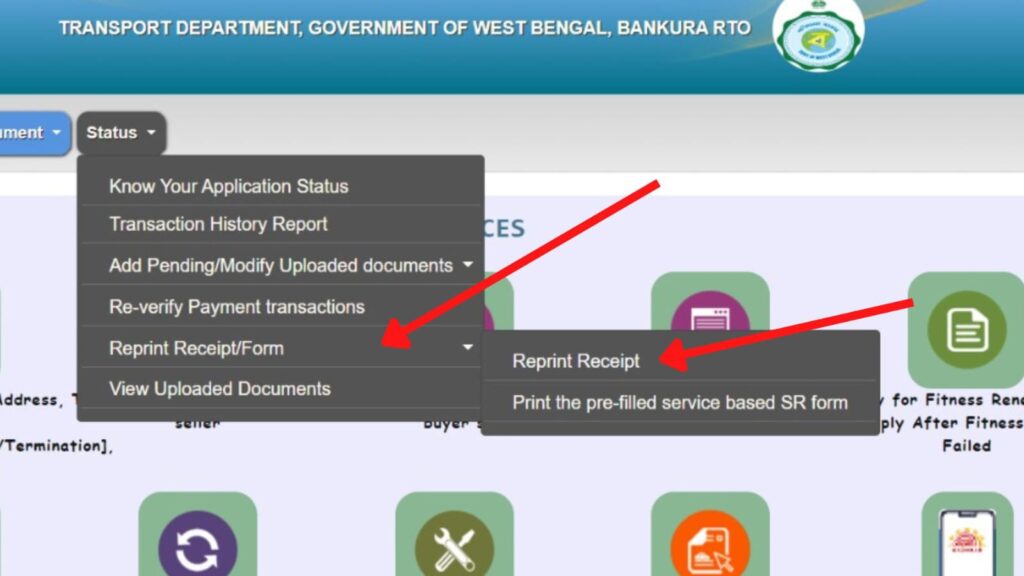 The Reprint Receipt option on Vahan Portal