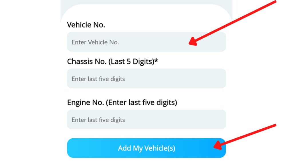 Enter vehicle details page on mParivahan